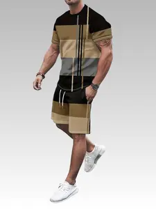 Men's Sporty Two-Piece Set, Quick-Dry Patchwork Short Sleeve + Shorts, Fashionable Casual Fitness Running Training