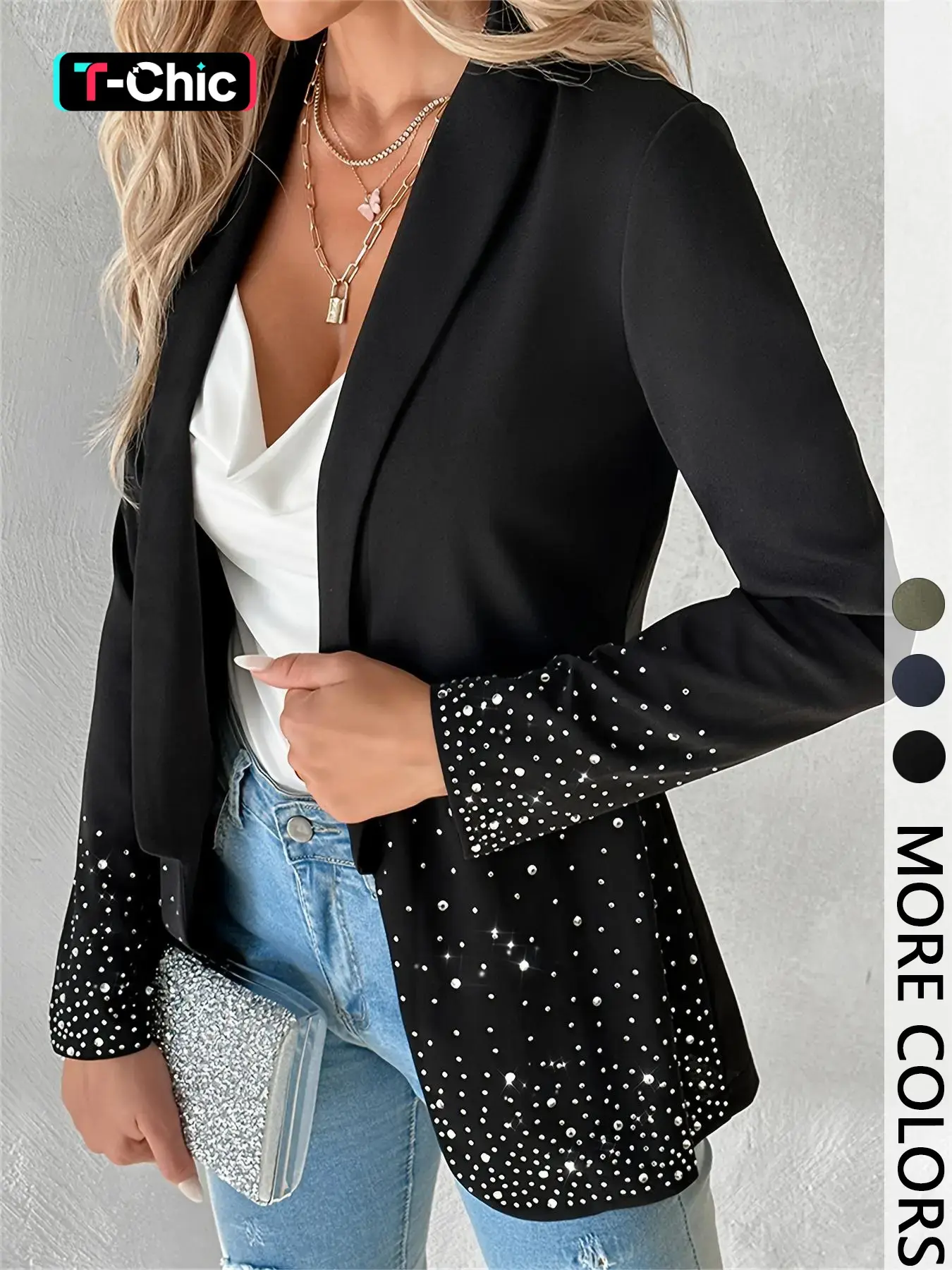 Women's Plain Long Sleeve Blazer Jacket, Elegant Water Drill Decoration, Stylish Business Casual Outerwear for Women