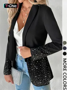 Women's Plain Long Sleeve Blazer Jacket, Elegant Water Drill Decoration, Stylish Business Casual Outerwear for Women