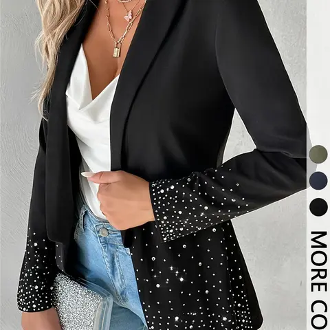Women's Plain Long Sleeve Fitted Blazer Jacket, Elegant Water Drill Decoration, Stylish Business Casual Outerwear for Women