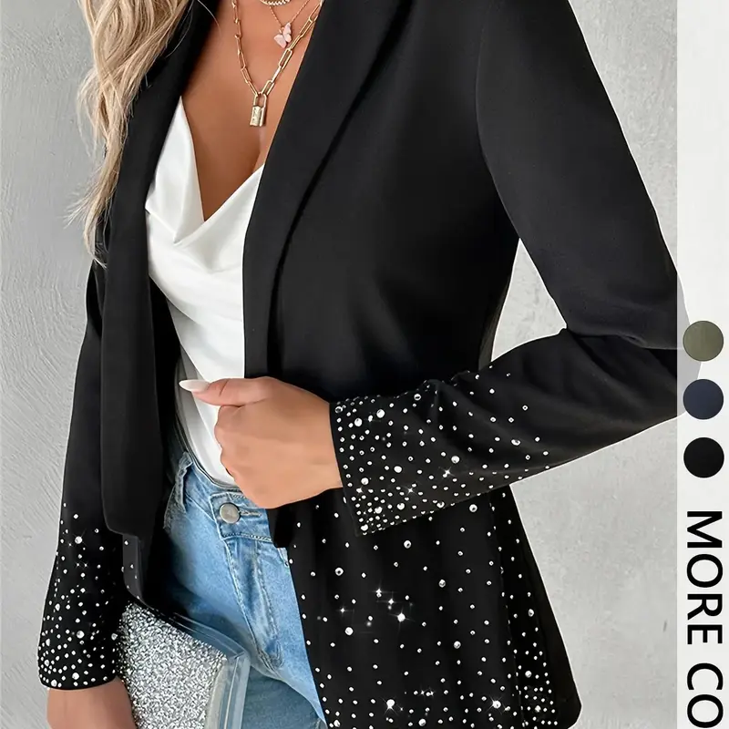Women's Plain Long Sleeve Fitted Blazer Jacket, Elegant Water Drill Decoration, Stylish Business Casual Outerwear for Women