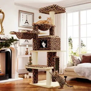SHA CERLIN 77-Inch Multi-Level Plush Cat Tree Tower, Vertical Scratcher with Extra Thick Scratching Posts, Detachable Washable Cushions, Anti-Tip Safety Design, Leopard & Cream White Color