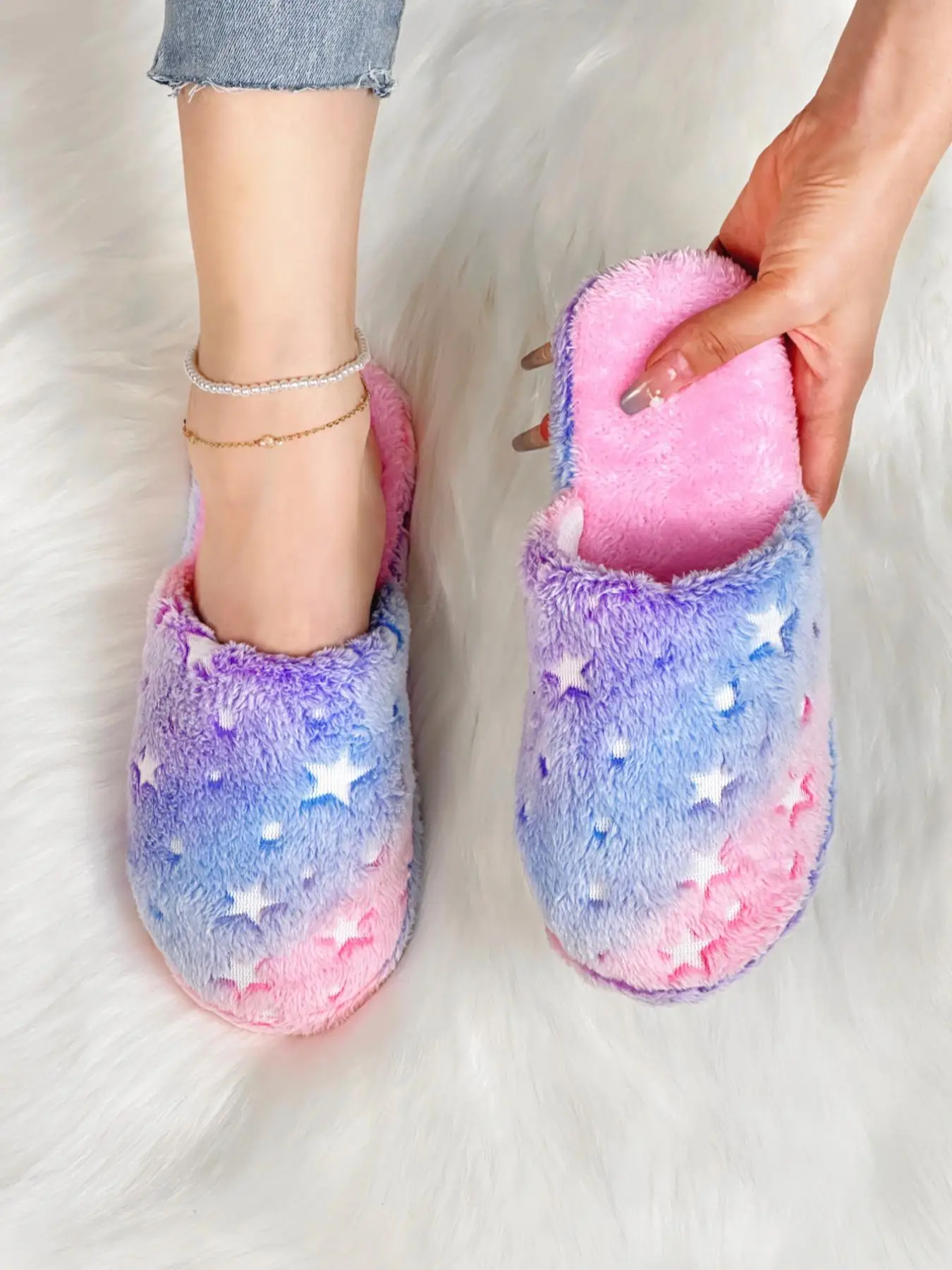 【Clearance】 Women's Cute Fluffy Slippers, Trendy Ombre Star Design Plush Fuzzy Slippers, Fashion Soft Warm Cozy Bedroom Slippers for Daily Use