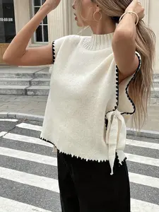 Elegant Women's Half High Neck Knit Vest, Colorblock Side Bow Tie Design, Sleeveless Casual Everyday Top for Spring Summer Fall, Womenswear