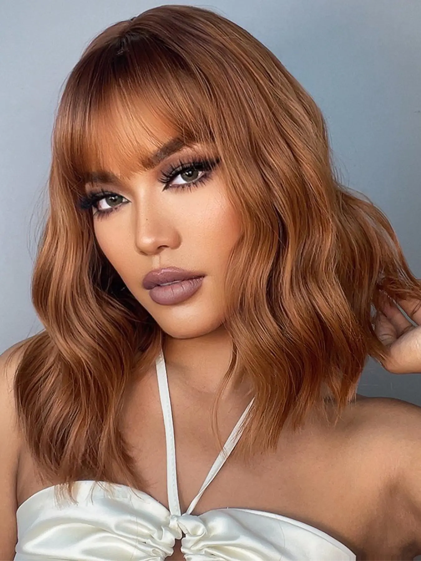 16 Inch Ombre Medium Wavy Wig for Women, Gorgeous Fluffy Wig with Bangs, Synthetic Wavy Curly Wig for Parties & Daily Wear, Bouncy Curly Wig, Kinky Curly Wigs, Synthetic Wigs, Soft Curly Wig, Party Wigs