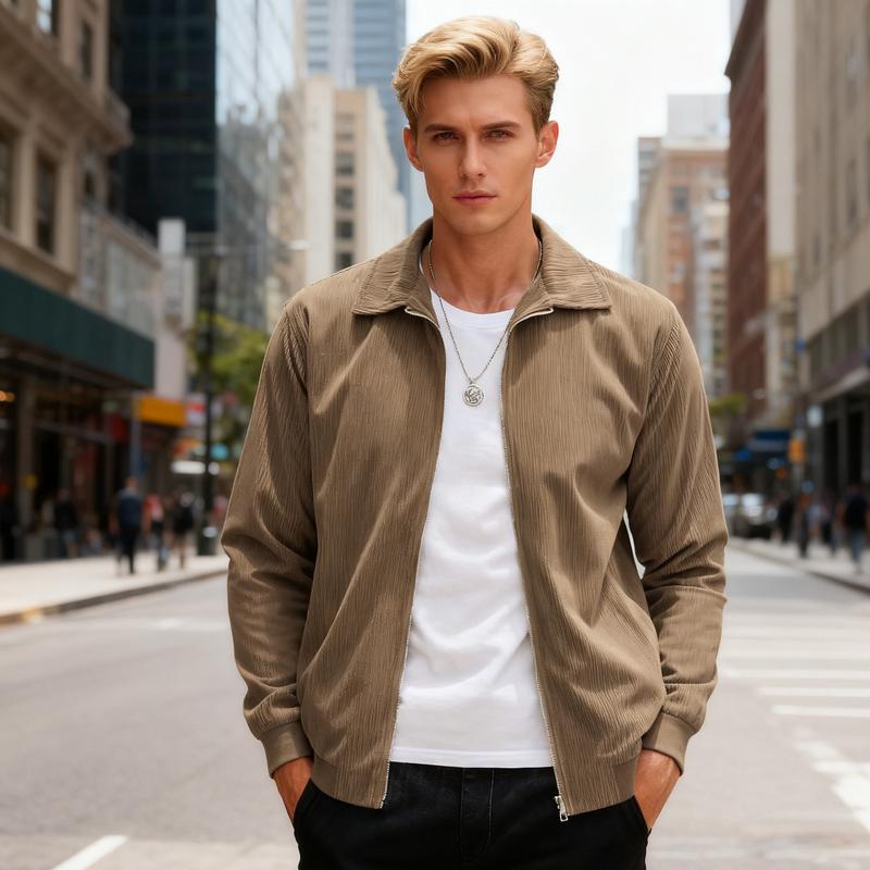 Men's Corduroy Bomber Jacket - Soft Pleated Navy Blue Zip-Up Casual Jacket for Outdoor Wear