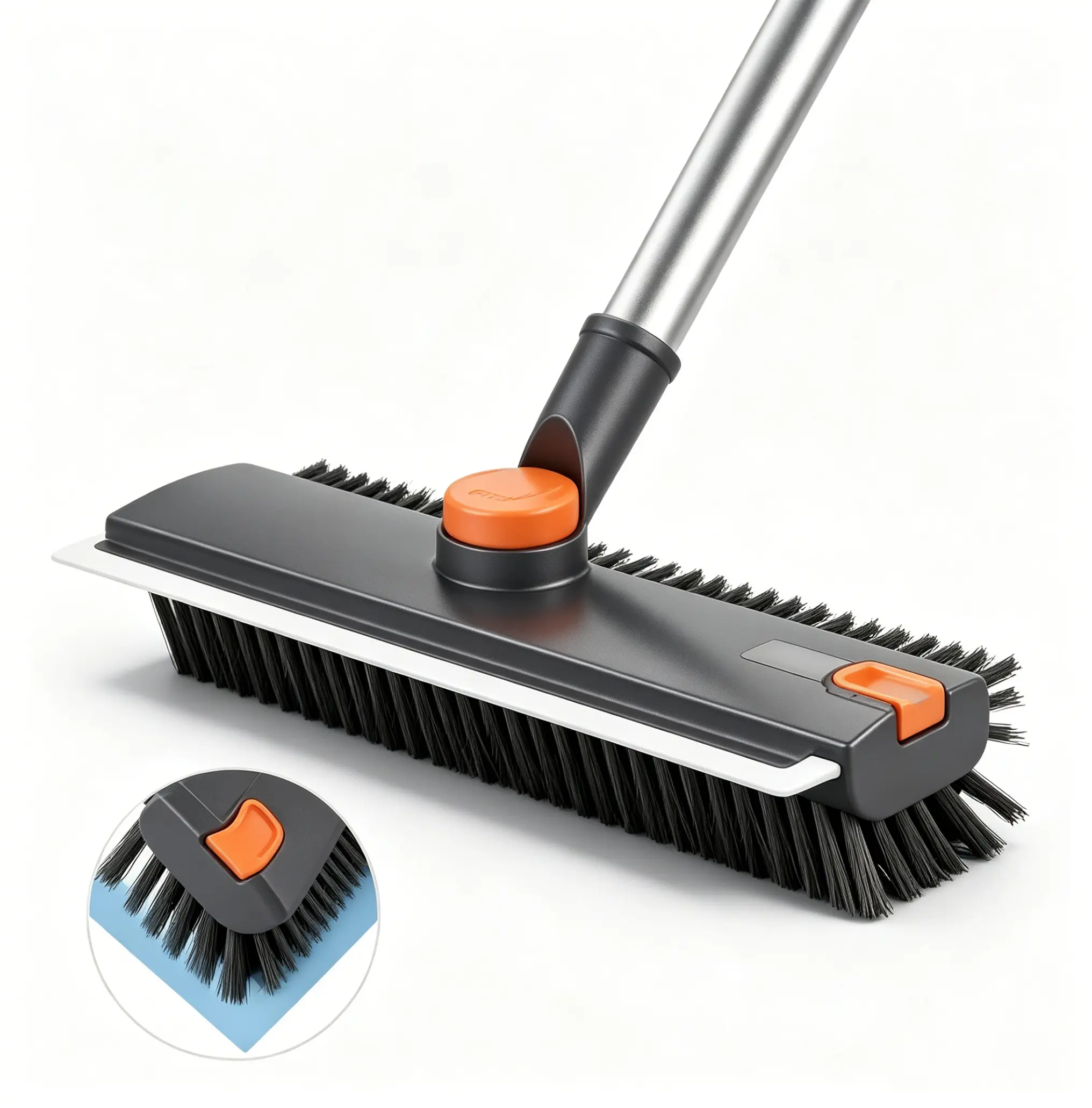 Grey Stainless Steel 4 in 1 Long-Handle Floor Scrubber Brush - Adjustable Rods, 360° Rotatable Swivel Head, Stiff Bristles, Squeegee, Tweezer, Assembly Required, Deep Cleaning Pool Cleaning Equipment for Tile Surfaces, Inflatable Pools, Hair Cleaning, Hou