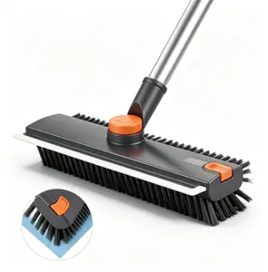 4-in-1 Grey Long-Handle Floor Scrubber Brush - Functional Adjustable-Size Floor Cleaner with Multi-Angle Swivel Stiff Bristles, Squeegee, Tweezer for Tile Surfaces, Inflatable Pool, Household Users’ Deep Cleaning Needs