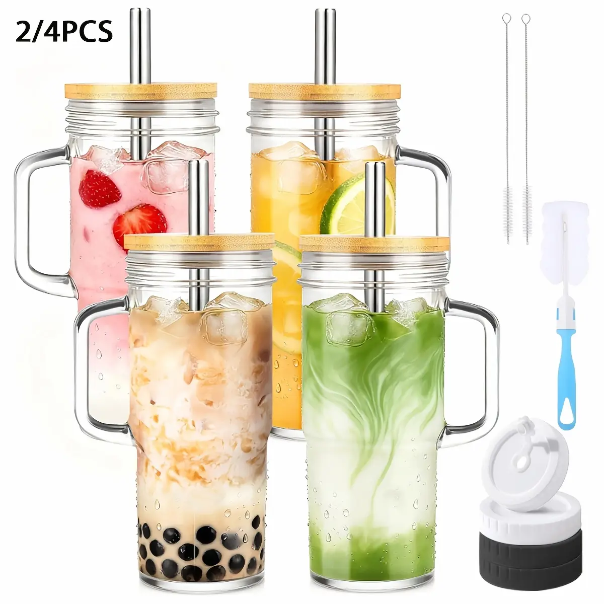 2/4pcs Tumblers with Lid And Straw - 24oz, with Bamboo Lid And Straw, Travel & Away Cups, Mason Glass Cup Drinkware Set, Free Sealed Silicone Lid & Straw Cleaning Brush!