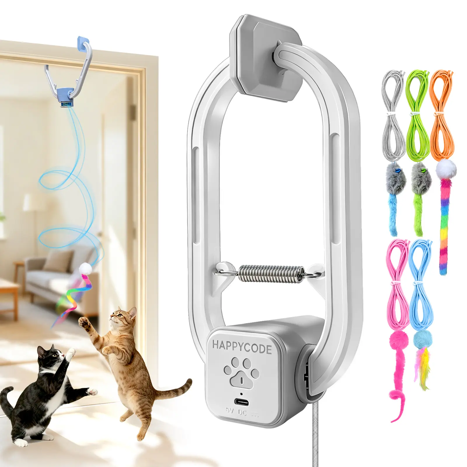 HAPPYCODE Electric Cat Teaser Toy, Rechargeable Door-Mounted Interactive Cat Toy for Indoor Cats, 2 Play Modes, Adjustable String, Multiple Attachments, Cat Enrichment Toy to Keep Cats Active,International Cat Day,back to school #backtoschool
