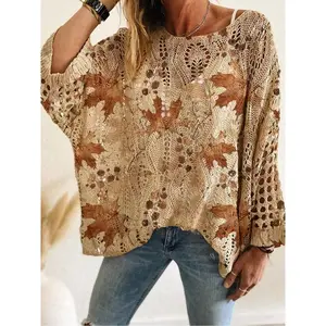 Women's Maple Leaf Print Long Sleeve Knit Top, Casual Elegant Commuter Wear, Fall Winter Spring Fashion, Ladies V Neck Batwing Shoulder Sweater, Knitwear