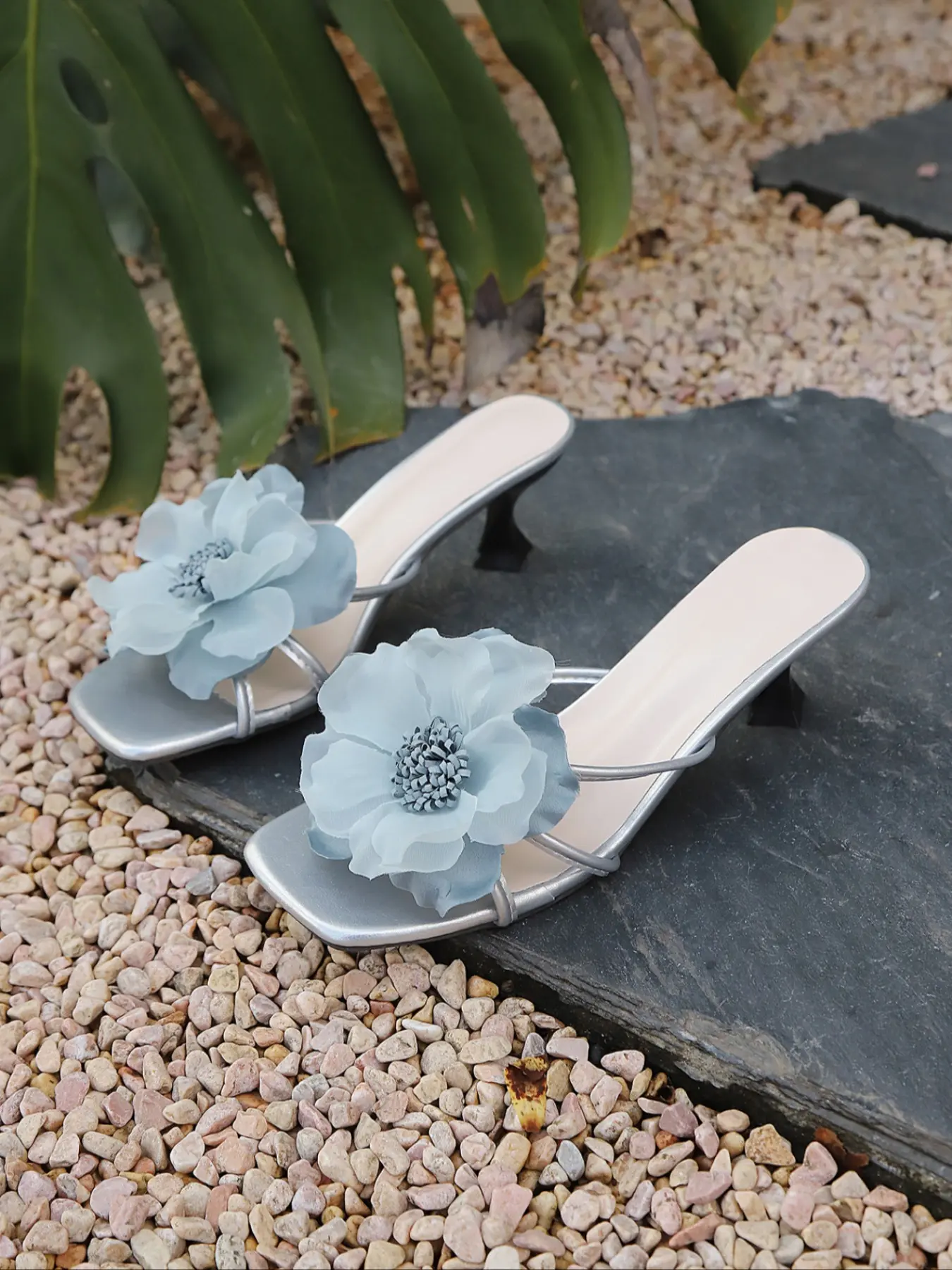 Women's 3D Flower Decor Kitten Heel Square Toe Slides, French Romantic Party-Chic Style, Elegant Sandals Rubber #FlowerHeelSlides, #FrenchRomanticChic, #ElegantSummerShoes, Chic Summer Footwear