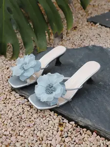 Women's 3D Flower Decor Kitten Heel Square Toe Slides, French Romantic Party-Chic Style, Elegant Sandals Rubber #FlowerHeelSlides, #FrenchRomanticChic, #ElegantSummerShoes, Chic Summer Footwear