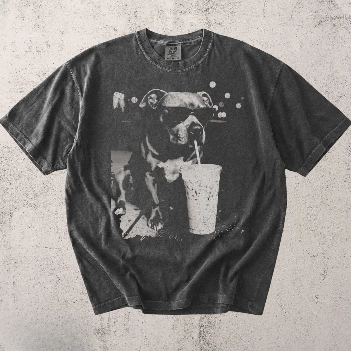 Comfort Colors Pitbull Drinking Iced Coffee Shirt, Funny Dog Graphic Tee, Vintage Pittie Lover T-Shirt, Dog Dad Unisex Casual Gift