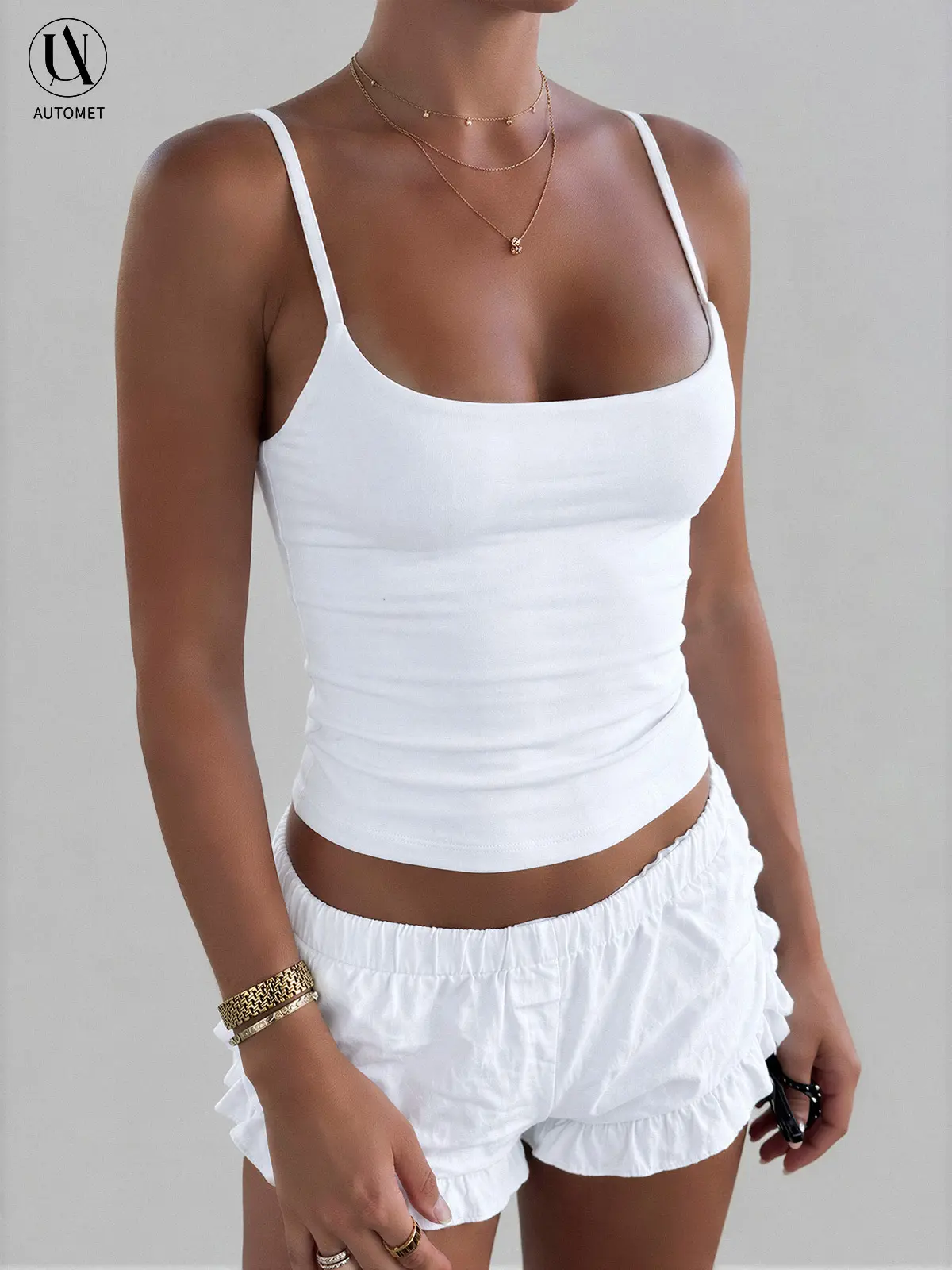 AUTOMET Women Tank Top Casual Sexy Chic Versatile Sleeveless Tops Square Neckline Basic Slim Fits Double-Layered Design Effortless styling White Womenswear Minimalist