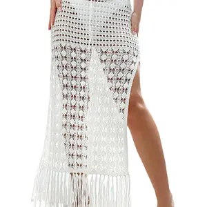 Women Bikini Knitted Cover Ups Summer Crochet Cutout High Waist Sarong Beach Skirt with Tassel