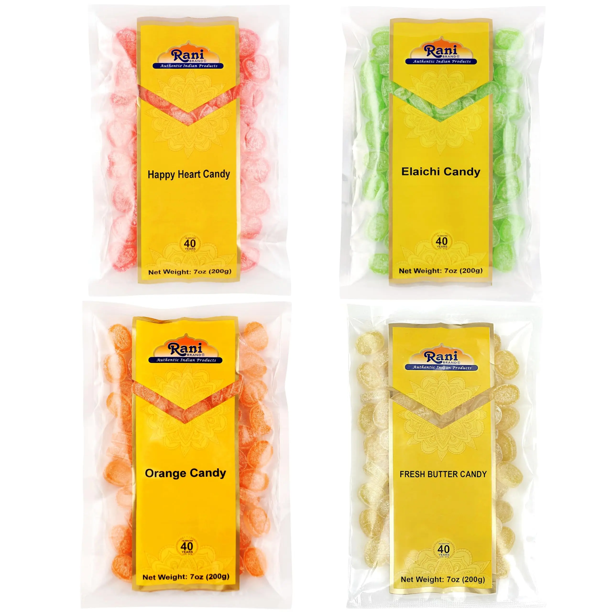 Rani Assorted Candies 7oz (200g) Pack of 4, Fresh Butter, Orange, Elaichi, Happy Heart Candy ~ Indian Tasty Treats | Vegan | Gluten Friendly | NON-GMO | Indian Origin