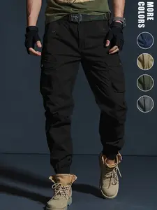 Multi Color Men Cargo Jogger Pants Side Flap Pockets Button Detail Belt Loops Elastic Cuff Ankle Slim Tapered Lightweight Fabric Outdoor Tactical Street Casual Work Trousers Stylish Menswear