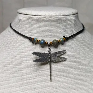 Ceramic Beaded Dragonfly Boho Hippie Whimsical Adjustable Black Rope Cord Choker Stacking Necklace