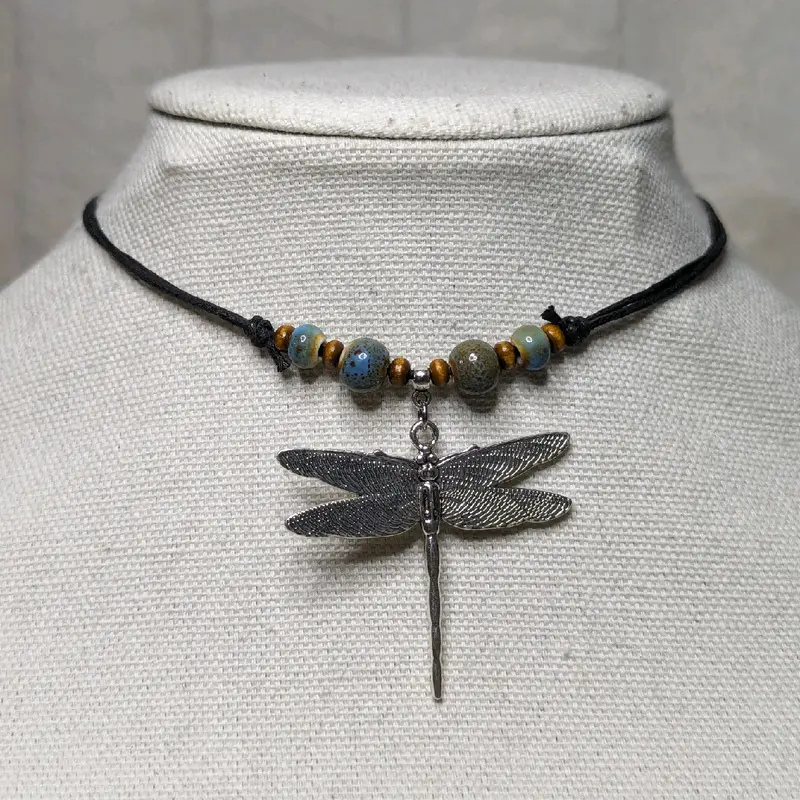 Ceramic Beaded Dragonfly Boho Hippie Whimsical Adjustable Black Rope Cord Choker Stacking Necklace