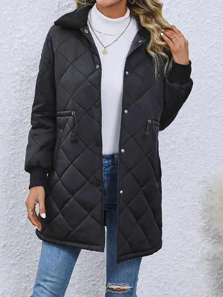 DRAWSTRING WAIST LONGLINE WINTER COAT Cotton Casual Slim-fitting Plain Striped Black White Summer
