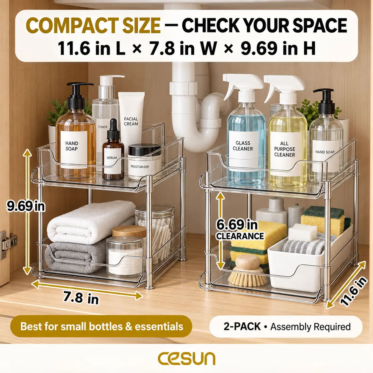 Cesun 2-Pack 2-Tier Stackable Under Sink Storage Organizer Set - Movable Dividers, Silicone Slide Pull-Out Design for Bathroom Vanity & Kitchen Pantry, White Bathroom Accessories, Vanity & Apartment Organizer Storage