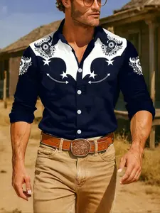 Men's Western Style Long Sleeve Shirt, Vintage Denim Cow Print, Classic Collar Single Button Design, Casual Spring & Fall Fashion
