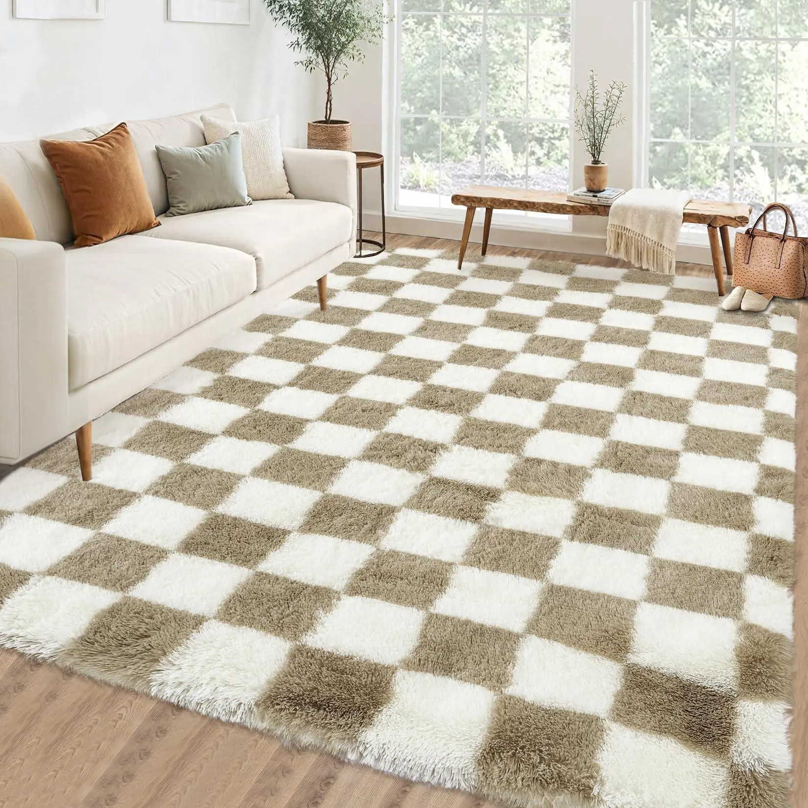 Checkered Area Rug Large Rug Thick Super Soft Shaggy Rugs Fluffy Carpet Fluffy Fuzzy Shag Washable Rugs for Living Room Nursery Bedroom Luxury Playroom Teen Plush Carpets,Taupe