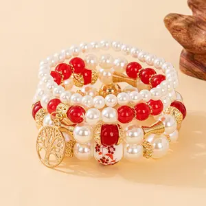 Boho Bracelet Set for Women, Layered Pearl Beaded Bracelet with Gold Plated Tree of Life Charm, Handmade Bohemian Jewelry, Adjustable Wrist Bracelet for Daily Wear and Gift