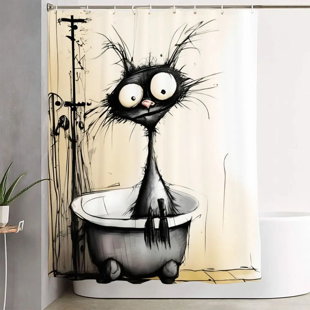 1/4pcs Black Cat Bathroom Decor Set, Bathroom Decoration Accessories, Home Goods, with Whimsical Clawfoot Bathtub Design, Featuring Oversized Eyes and Confused Smirk, Perfect for Home Vibes, Includes Shower Curtain, Toilet Lid Decal, and Bath Mats