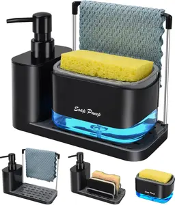 Hand and Dish Soap Dispenser Set with Tray, Dual Soap Dispenser with Sponge Holder and Dishcloth Holder 5-in-1 Organizer for Kitchen Sink Countertop Storage Organize - Useful Kitchen Gadgets (Black)
