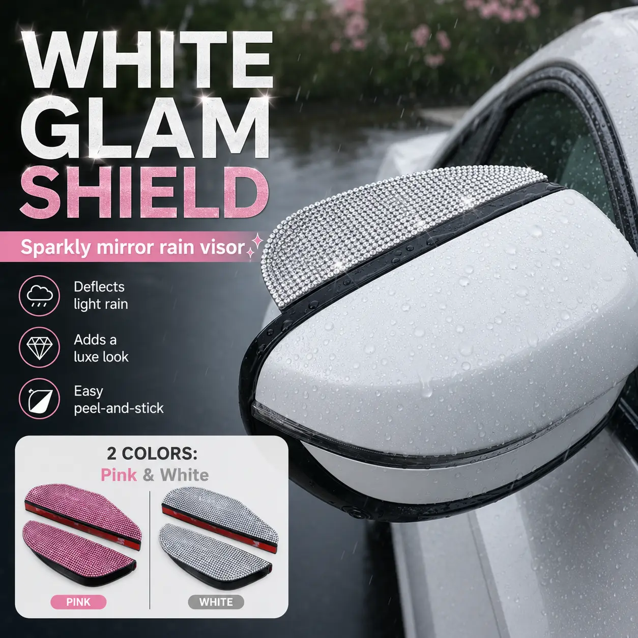 Diamond Car Mirror Rain Guard Shield, Sparkly Crystal Anti-Rain Eyebrow Board for Auto Side Rearview Mirror, Premium Waterproof Vehicle Exterior Accessory