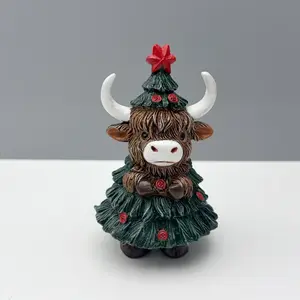 Festive Highland Cow Statue, Berry & Pine Cone Resin Desktop Decor, Indoor Holiday Home Ornament, Shelf, Fireplace Decoration, Collectible Room Decor