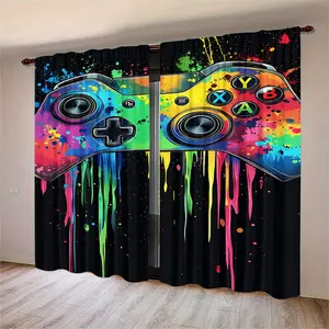 2 sets of game console controller graffiti-printed curtains, made of semi-transparent polyester material, with pole bags for hanging, easy to install, washable by hand and machine, suitable for bedrooms, living rooms, and other daily decoration areas.