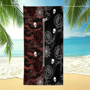 Gothic Rose & Skull Split Quick-Dry Beach Towel, Quick-Drying & Absorbent Fabric, Absorbs Water & Dries Quickly, Suitable For Various Scenarios Such As Beach Vacations, Fitness & Swimmi, Lightweight Portable, Long-Lasting Use