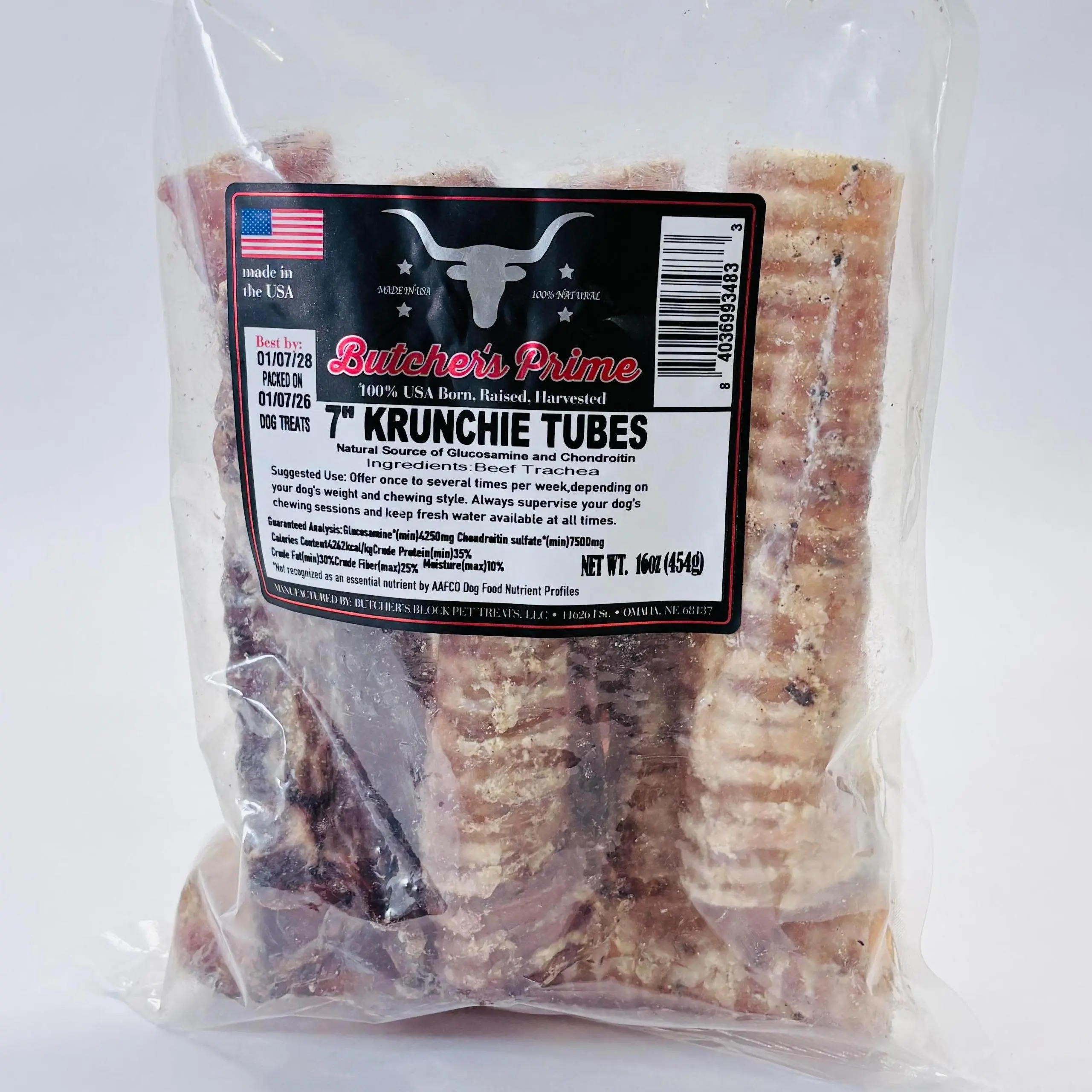 Butcher's Prime 7inch Krunchie Tubes Beef Trachea 16oz Bag