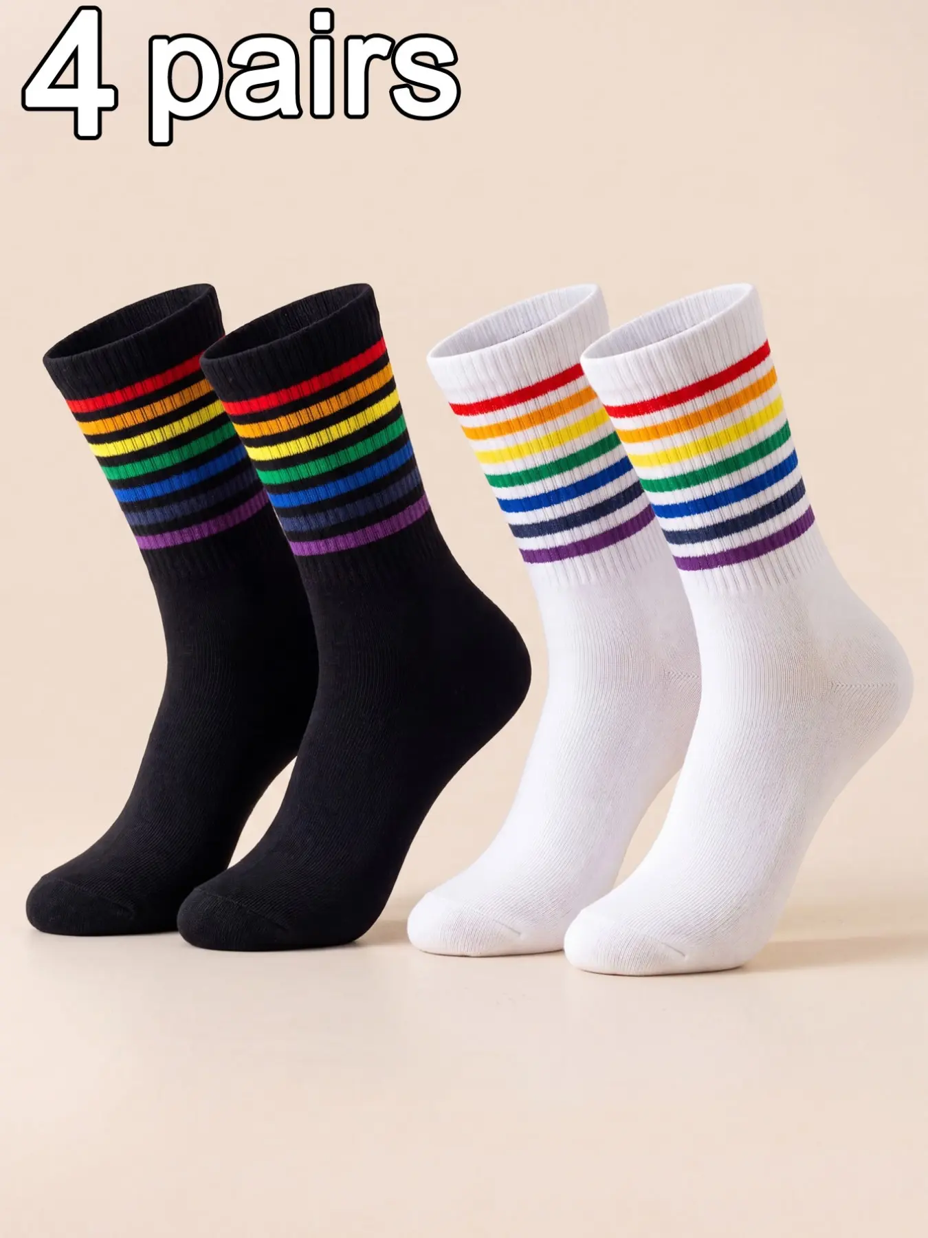 4 Pairs Unisex Classic Rainbow Striped Fashion Mid-Calf Socks, Casual Stylish Socks, Sock Sets, Breathable and Skin-Friendly, Perfect for Gifting, Breathable Soft Socks, Daily Wear Socks