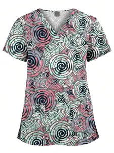 Women's Nursing Clothing High-Quality Print Top Accessories Doctors Uniform Round Neck Casual Fitted T-Shirt Hospital Nurse Beauty Salon Scrubs Top Women Nurse Workwear