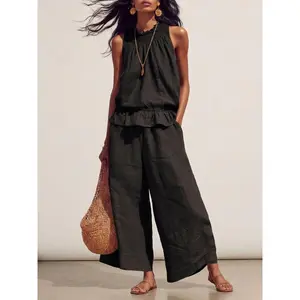 Women's Summer Solid Color Casual Retro Boho Ruffle Cotton Linen Sleeveless Top and Pants Two-Piece Set, Comfortable and Stylish Bohemian