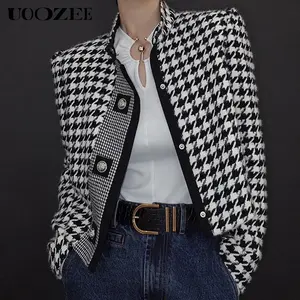 UOOZEE 2025 Women Classics Coat Houndstooth Outerwears & Jacket, England Style Stand Collar Long Sleeves Urban Autumn Winter Fall Clothes (One Size Up Recommended for Wide Shoulders)