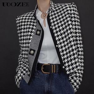 UOOZEE Lady's 2025 Classic Houndstooth Jacket - Chic Elegant English-Style Stand Collar Long-Sleeve Outerwear, Button-Closure, Pants-Compatible, Autumn-Winter Use, Fit Note: 1 Size Up for Wide Shoulders, Matches Tops/Skirts, Coat
