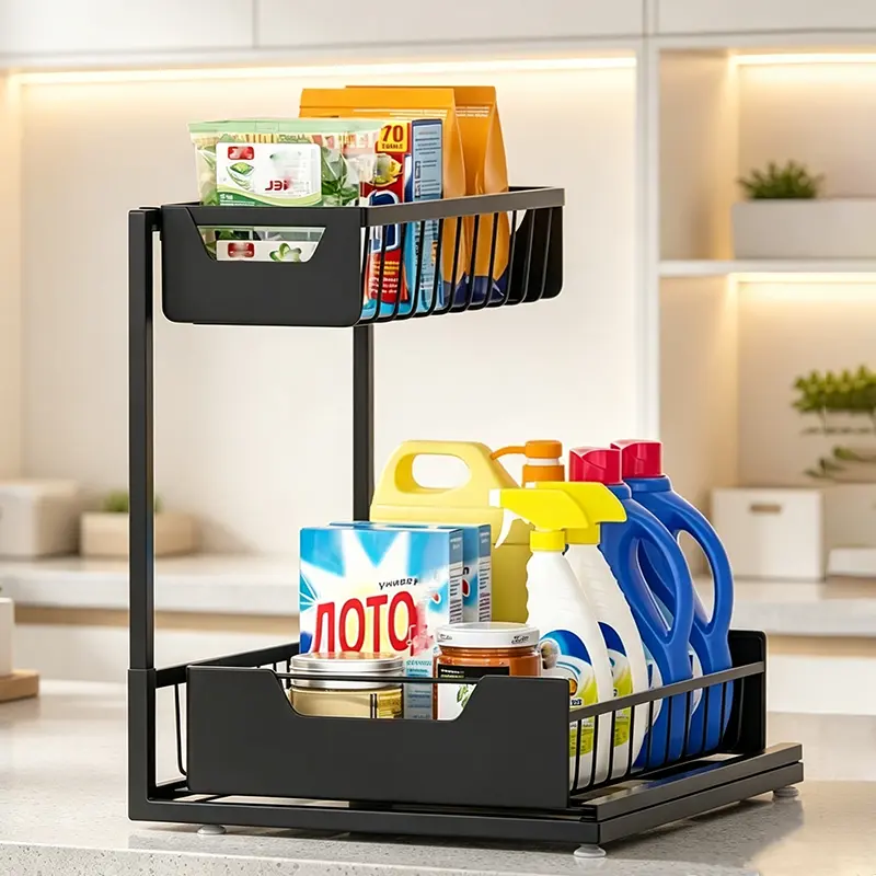 Under Kitchen Sink Organizers and Storage Pull Out 2 Tier Metal Bathroom Cabinet Organizer for Efficient Space Management 11x14x8.26 inches Easy to Assemble
