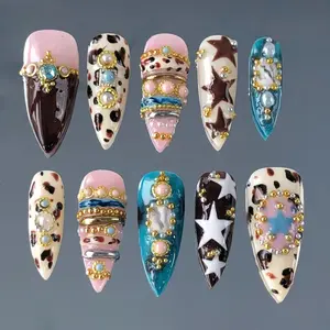 Turquoise Stone Leopard Star Style False Nail, Western Glam Cowgirl Press On Nails