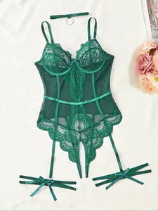 Women's Solid Color Lace Sexy Lingerie Three-piece Set, Glamour Lingerie Set, Chic Comfy Breathable Bra & Garter Belt & Thong Set for Daily Wear, Women Sexy Lingeries & Costumes, Breathable Lingerie Top, Lingerie Underwear Set