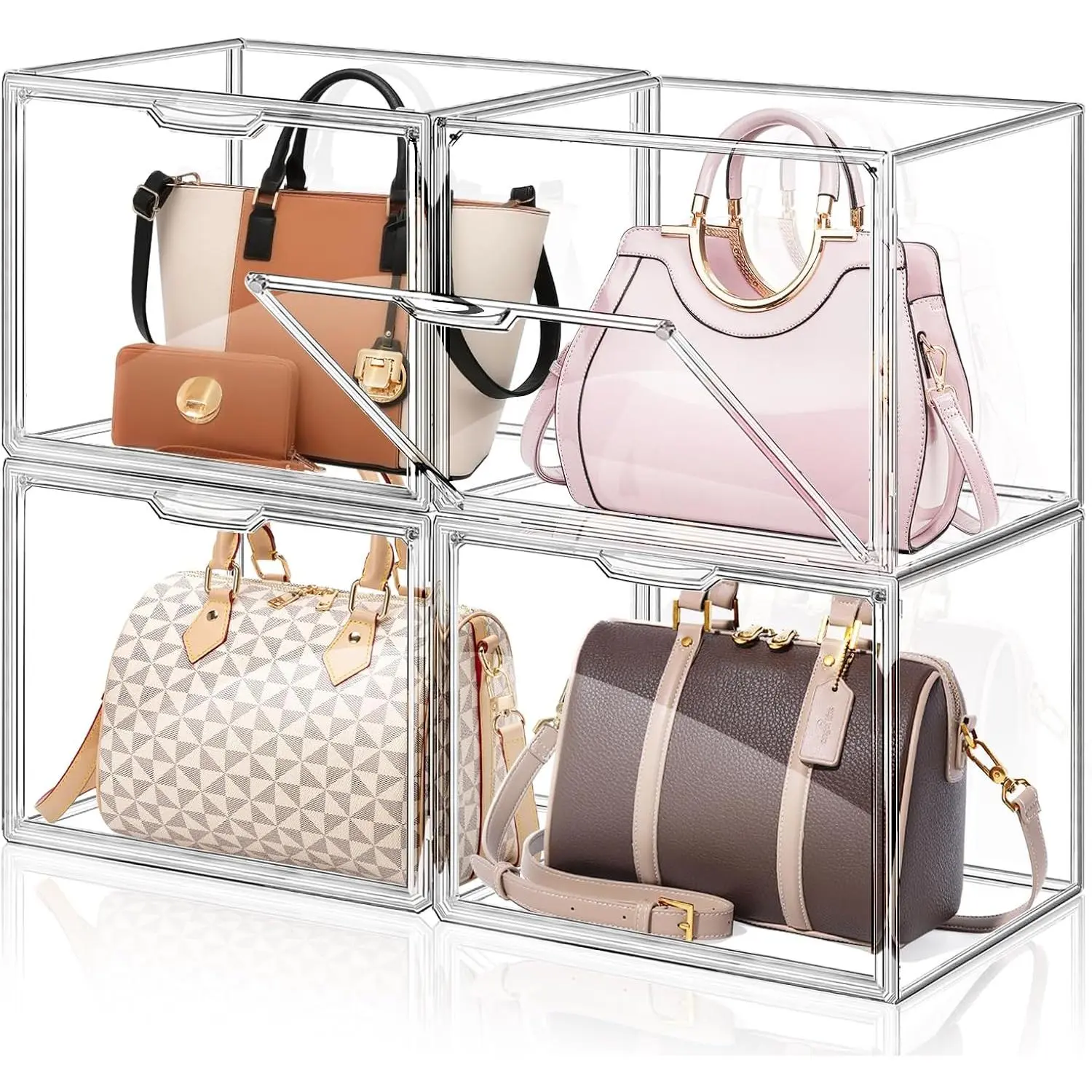 4 Packs Clear Handbag Storage Organizer for Closet,  Display Case for Purse Handbag, Stackable Purse Organizer Storage Box with  Door for Wallet Book Toys Collectibles