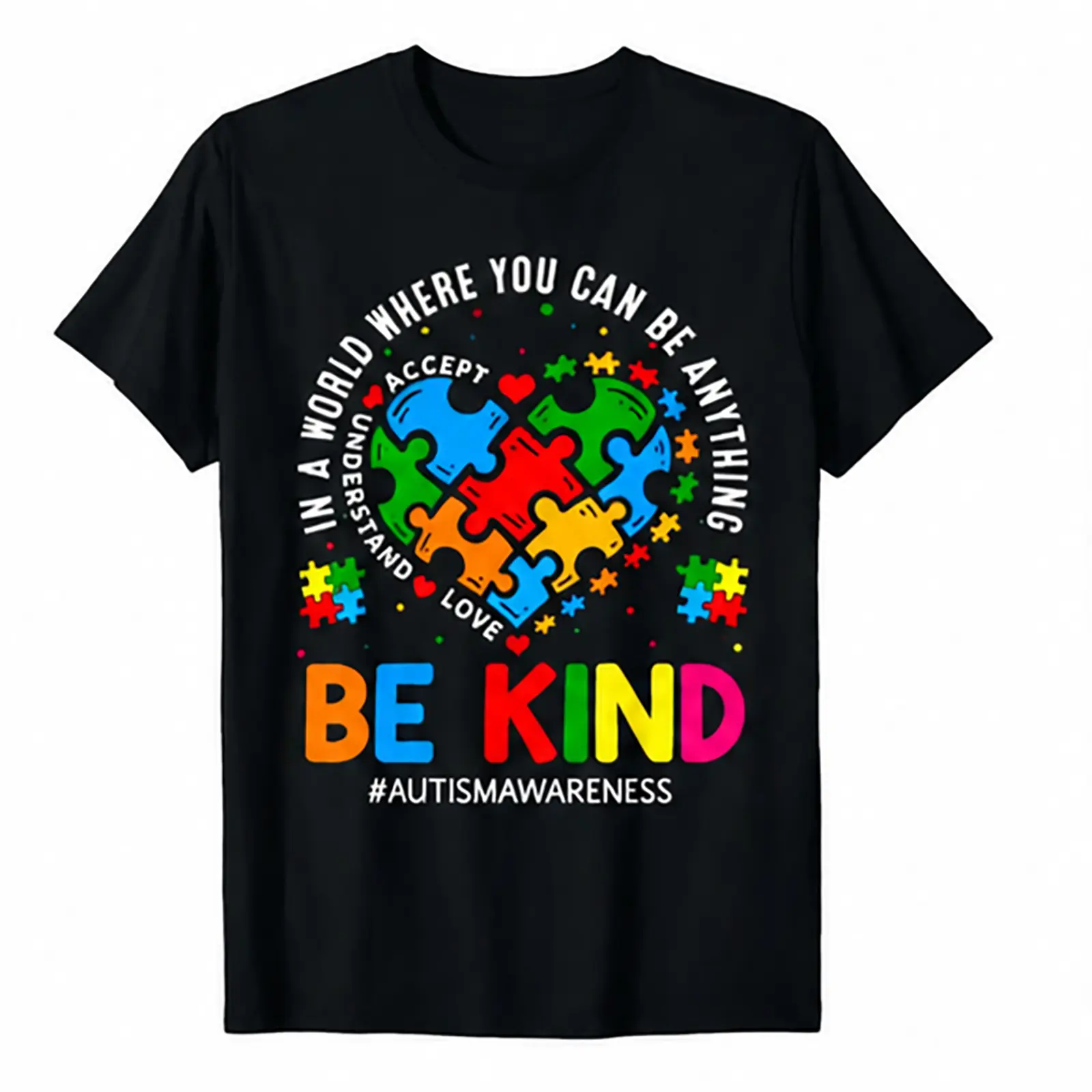 Women's Autism Awareness Short-Sleeve Tee - Round Neck, Everyday Style, Colorful Puzzle Print, School-Ready Casual Statement Top, All-Season Autism Support Shirt, Shortsleeve