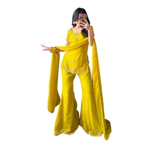 Handwork 90sh Kurtha Set 3 Peace - Elegant Embroidered Georgette Kurta with Flared Sharara for Eid & Festivals - Floral, Formal Elegance