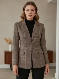 Vintage Plaid Button Front Blazer, Retro Style Women's One-Button Design Top, Fashionable & Comfortable, Perfect for Casual Wear