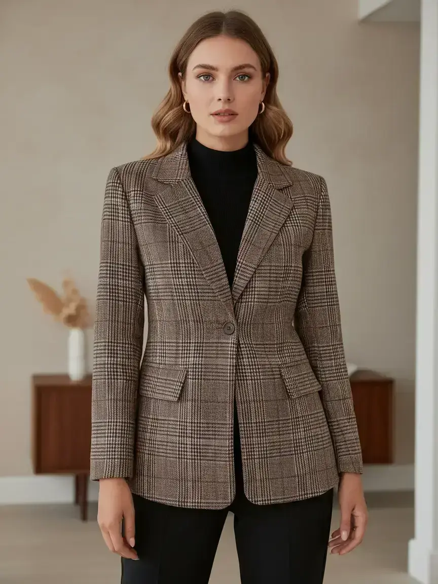 Vintage Plaid Button Front Blazer, Retro Style Women's One-Button Design Top, Fashionable & Comfortable, Perfect for Casual Wear
