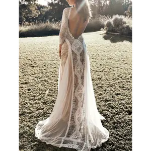 Women's Elegant Lace Mermaid Evening Gown - Long Sleeve A-Line Maxi Dress with Open Back Cutout & Train, Semi-Sheer Round Neck Formal Party Wedding Dress, Machine Washable for Spring/Autumn Events, Solid Color Flowing Lace Detailing, Relaxe Fit Chic